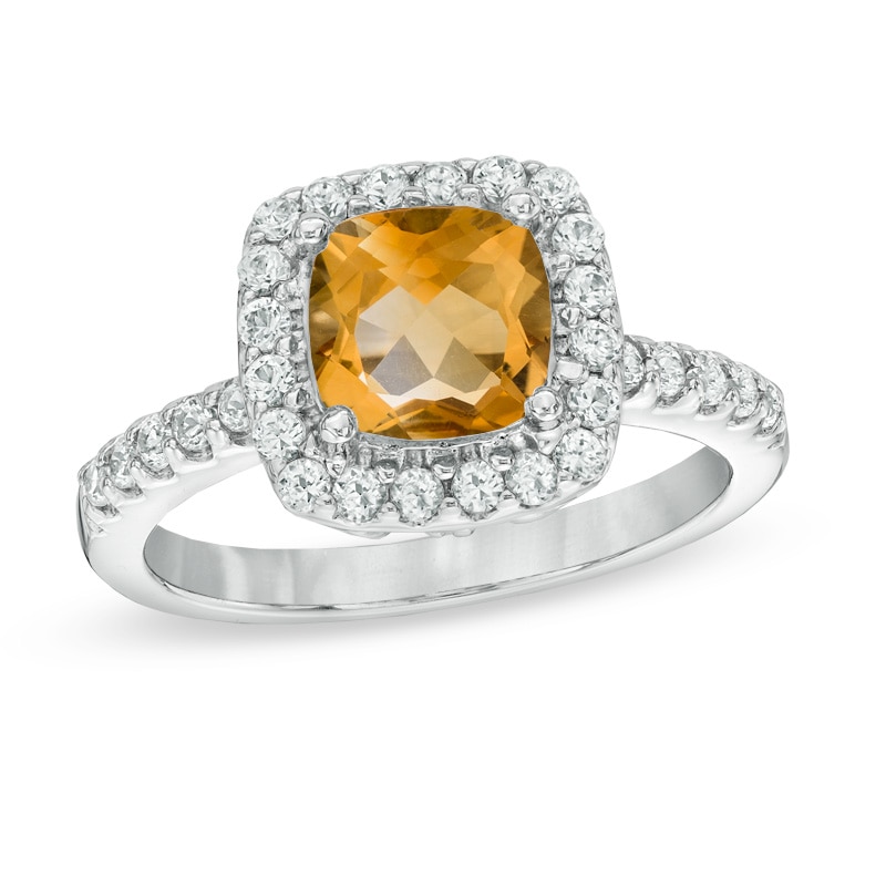 Main Image 1 of 7.0mm Cushion-Cut Citrine and Lab-Created White Sapphire Frame Ring in Sterling Silver