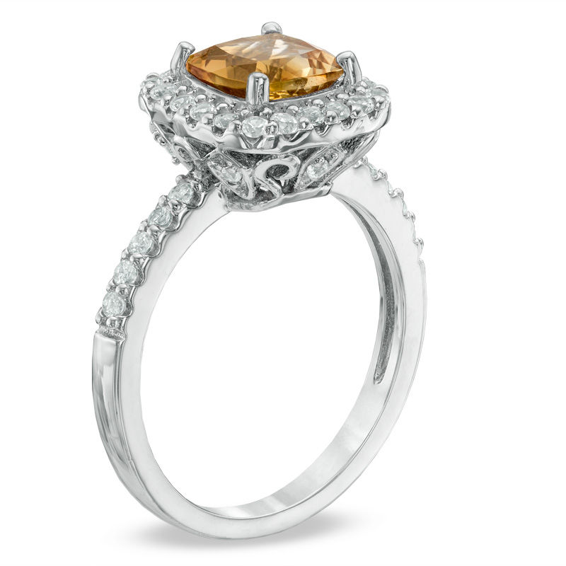Main Image 2 of 7.0mm Cushion-Cut Citrine and Lab-Created White Sapphire Frame Ring in Sterling Silver