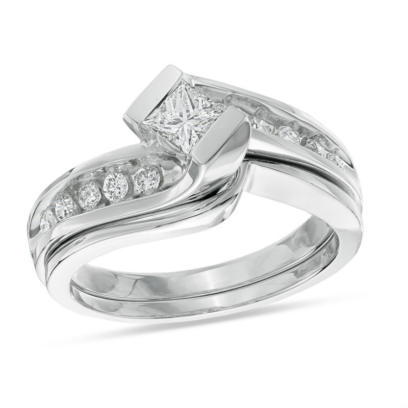 1/2 CT. T.W. Princess-Cut Diamond Bypass Bridal Set in 14K White Gold