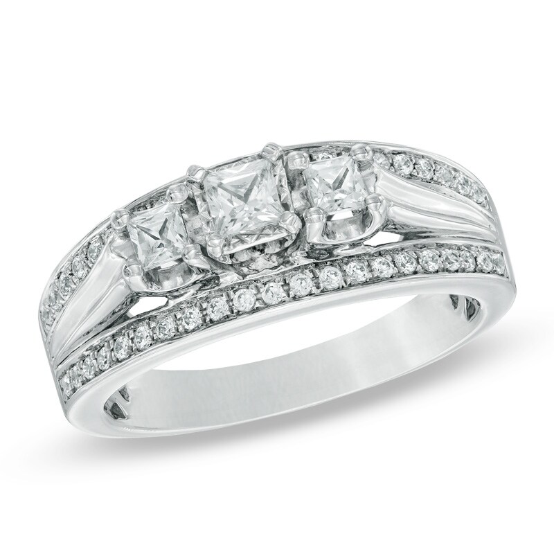 Main Image 1 of 1/2 CT. T.W. Princess-Cut Diamond Edge Three Stone Band in 10K White Gold