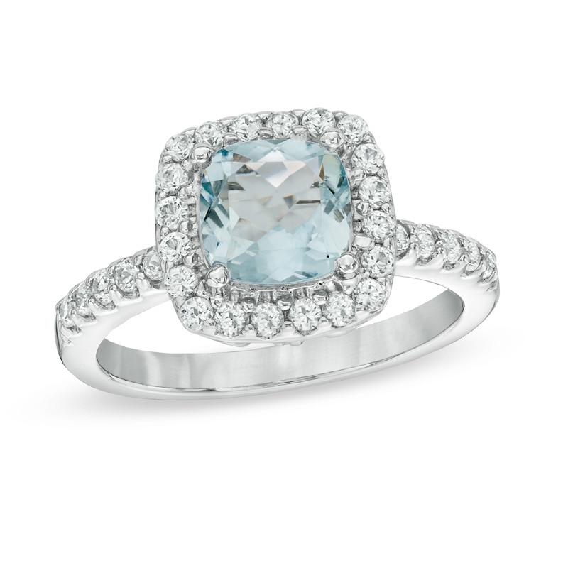 Main Image 1 of 7.0mm Cushion-Cut Lab-Created Blue Spinel and White Sapphire Frame Ring in Sterling Silver