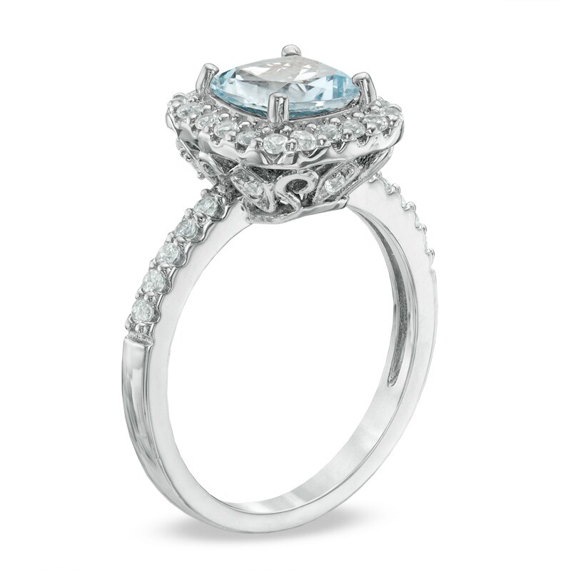 Main Image 2 of 7.0mm Cushion-Cut Lab-Created Blue Spinel and White Sapphire Frame Ring in Sterling Silver