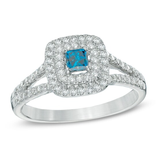 5/8 CT. T.w. Enhanced Blue and White Diamond Double Frame Engagement Ring in 14K White Gold