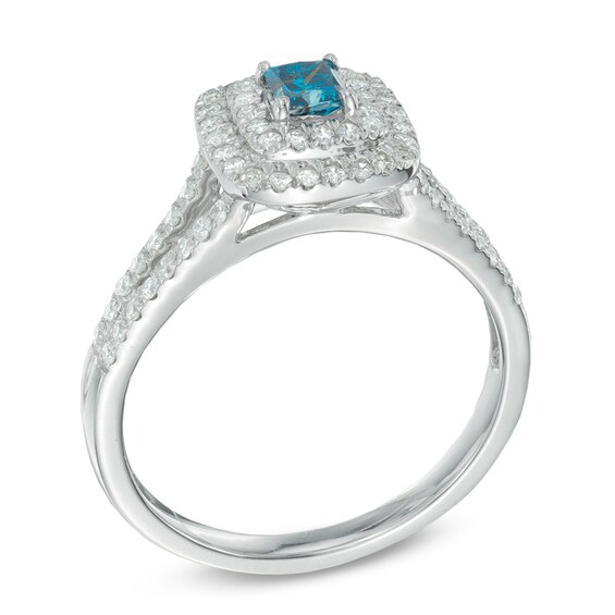 5/8 CT. T.w. Enhanced Blue and White Diamond Double Frame Engagement Ring in 14K White Gold