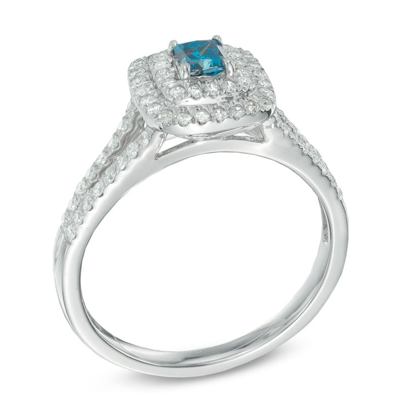 5/8 CT. T.W. Enhanced Blue and White Diamond Double Frame Engagement Ring in 14K White Gold