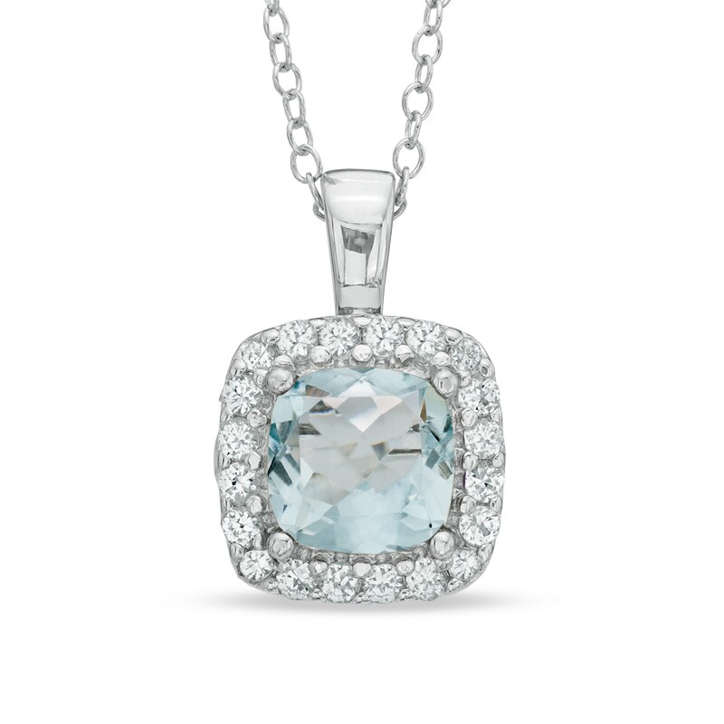 Main Image 1 of 7.0mm Cushion-Cut Lab-Created Blue Spinel and White Sapphire Frame Pendant in Sterling Silver