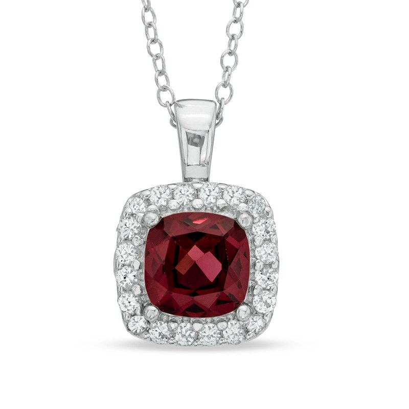Main Image 1 of 7.0mm Cushion-Cut Garnet and Lab-Created White Sapphire Frame Pendant in Sterling Silver