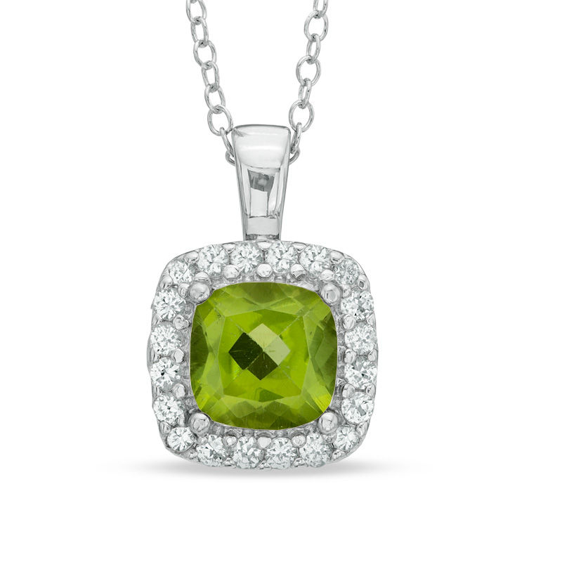 Main Image 1 of 7.0mm Cushion-Cut Peridot and Lab-Created White Sapphire Frame Pendant in Sterling Silver