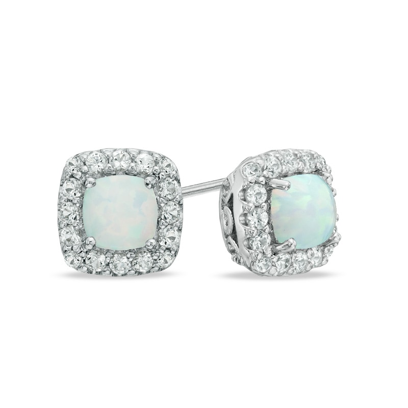 Main Image 1 of 5.0mm Cushion-Cut Lab-Created Opal and White Sapphire Frame Stud Earrings in Sterling Silver