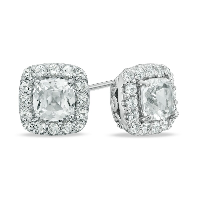 Main Image 1 of 5.0mm Cushion-Cut Lab-Created White Sapphire Frame Stud Earrings in Sterling Silver