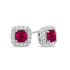 Thumbnail Image 0 of 5.0mm Cushion-Cut Lab-Created Ruby and White Sapphire Frame Stud Earrings in Sterling Silver