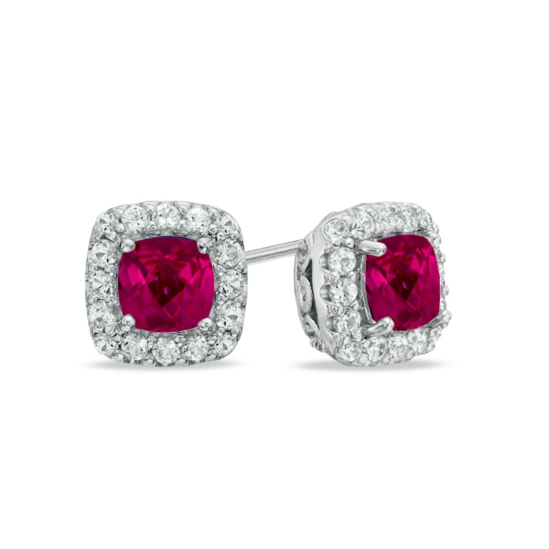 5.0mm Cushion-Cut Lab-Created Ruby and White Sapphire Frame Stud Earrings in Sterling Silver