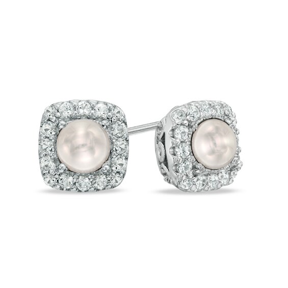 4.5-5.0mm Freshwater Cultured Pearl and Lab-Created White Sapphire Frame Stud Earrings in Sterling Silver