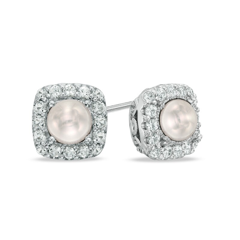 Main Image 1 of 4.5-5.0mm Freshwater Cultured Pearl and Lab-Created White Sapphire Frame Stud Earrings in Sterling Silver