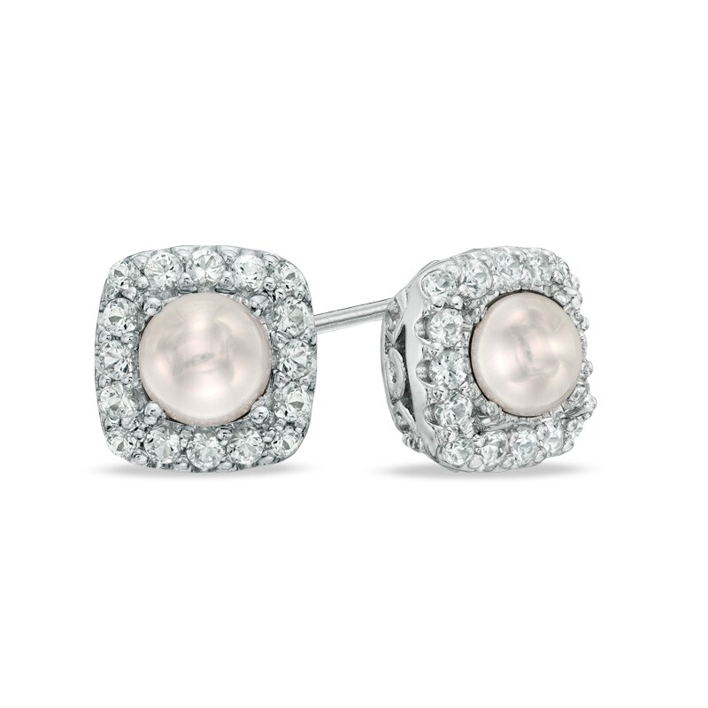 4.5 - 5.0mm Cultured Freshwater Pearl and Lab-Created White Sapphire Frame Stud Earrings in Sterling Silver