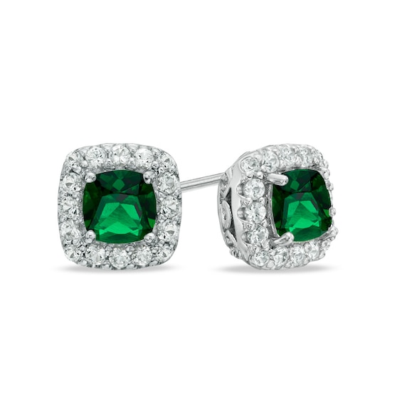 5.0mm Cushion-Cut Green Quartz Doublet and Lab-Created White Sapphire Frame Earrings in Sterling Silver