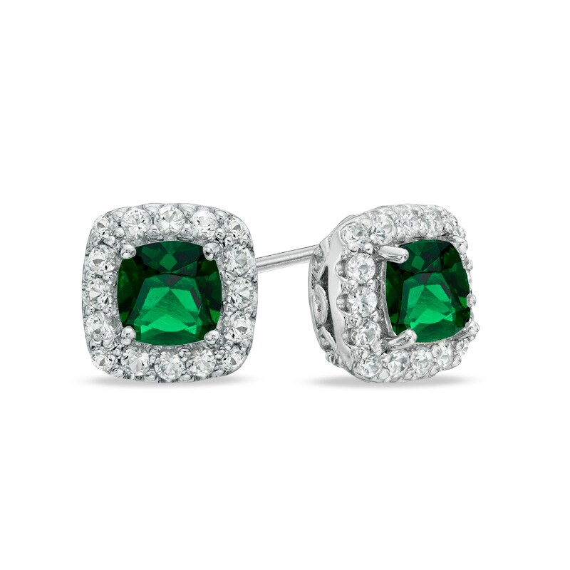 Main Image 1 of 5.0mm Cushion-Cut Green Quartz Doublet and Lab-Created White Sapphire Frame Earrings in Sterling Silver