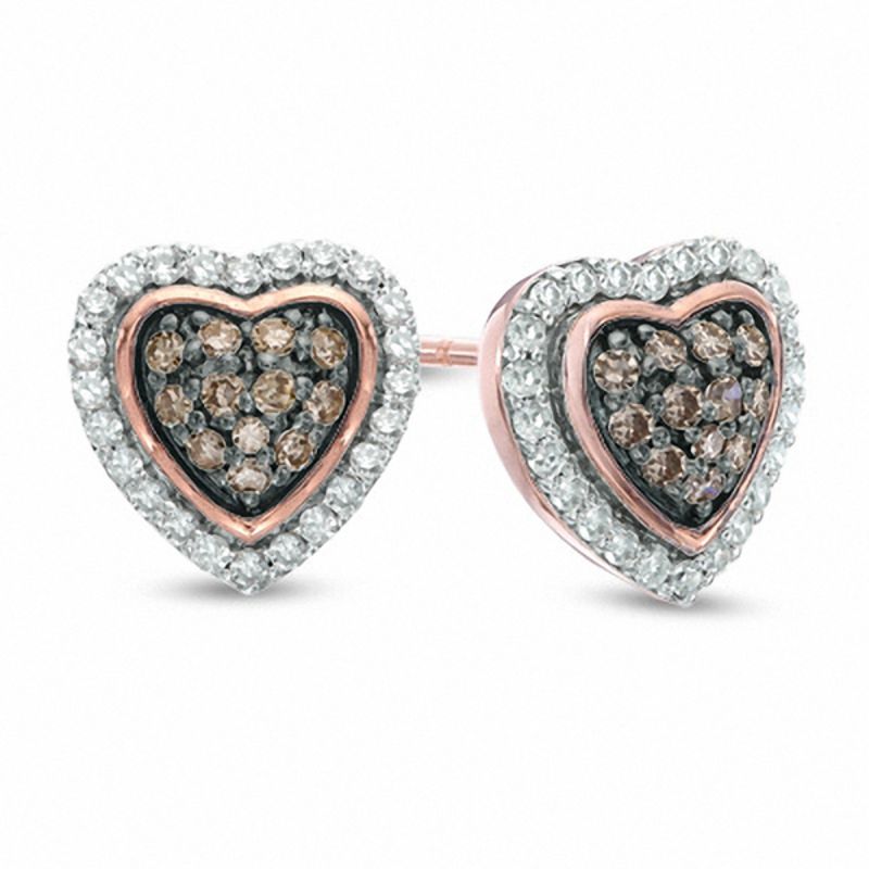 1/3 CT. T.W. Champagne and White Diamond Cluster Heart Stud Earrings in 10K Rose Gold