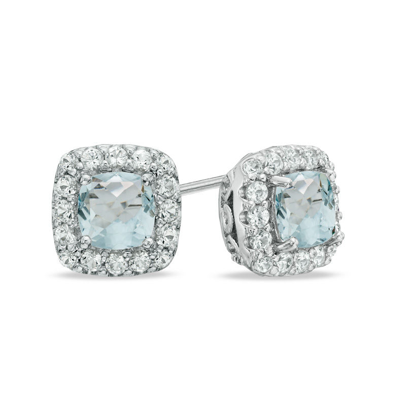 Main Image 1 of 5.0mm Cushion-Cut Lab-Created Blue Spinel and White Sapphire Frame Stud Earrings in Sterling Silver