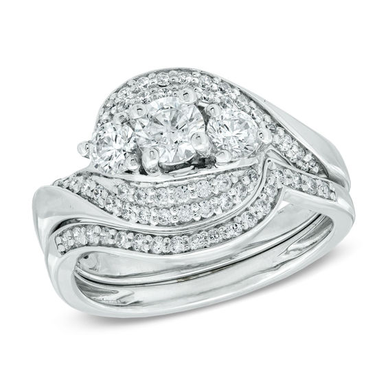 1 CT. T.w. Diamond Three Stone Swirl Bridal Set in 14K White Gold