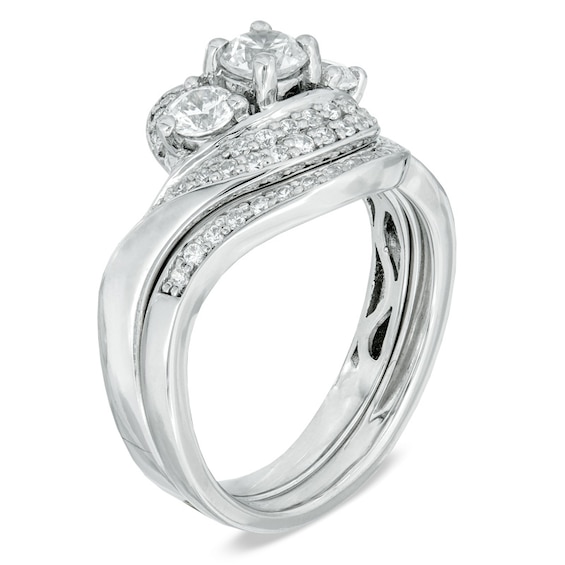 1 CT. T.w. Diamond Three Stone Swirl Bridal Set in 14K White Gold