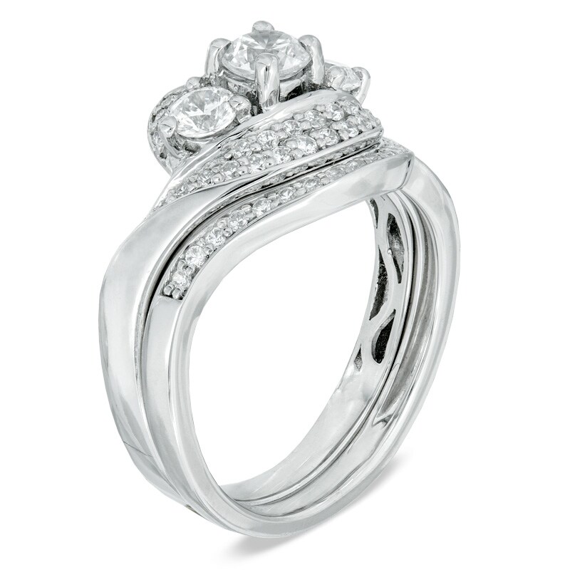 Main Image 2 of 1 CT. T.W. Diamond Three Stone Swirl Bridal Set in 14K White Gold