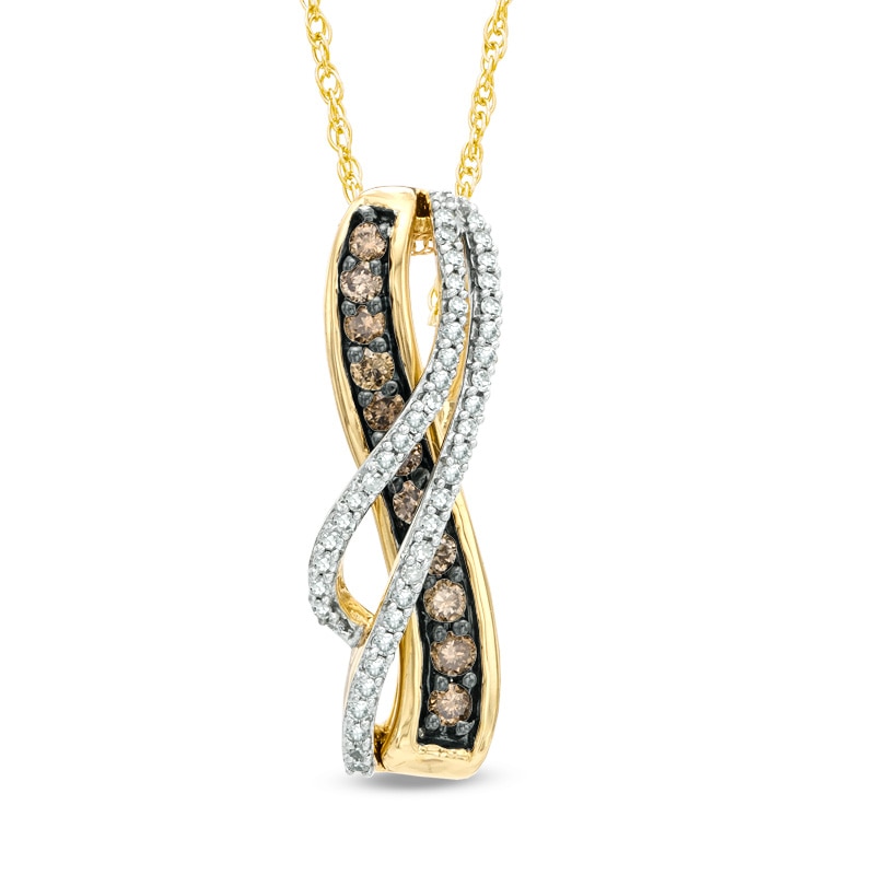1/3 CT. T.W. Champagne and White Diamond Flowing Ribbon Pendant in 10K Gold