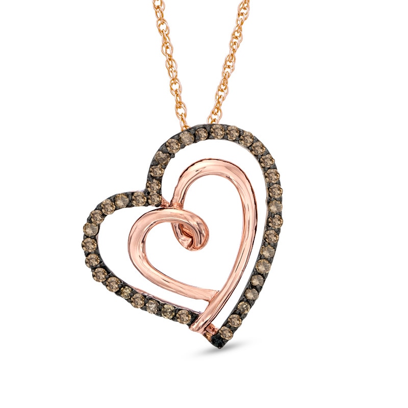 Main Image 1 of 1/5 CT. T.W. Champagne Diamond Tilted Double Heart Pendant in 10K Rose Gold
