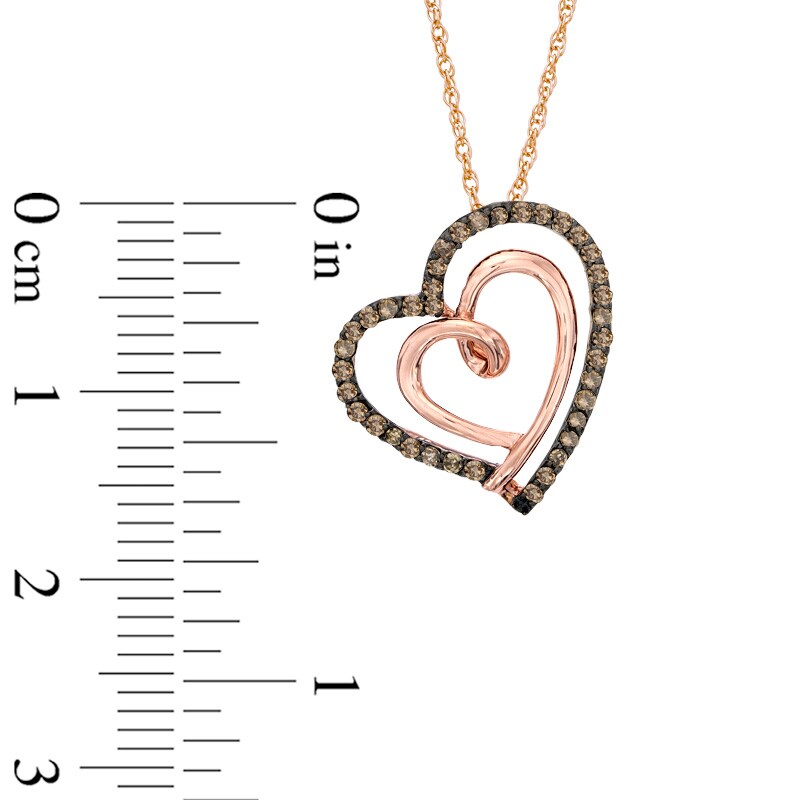 Main Image 2 of 1/5 CT. T.W. Champagne Diamond Tilted Double Heart Pendant in 10K Rose Gold