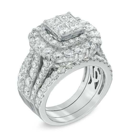 5 CT. T.w. Quad Princess-Cut Diamond Double Frame Bridal Set in 14K White Gold