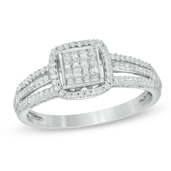 1/3 CT. T.W. Princess-Cut Composite Diamond Frame Ring in 10K White ...