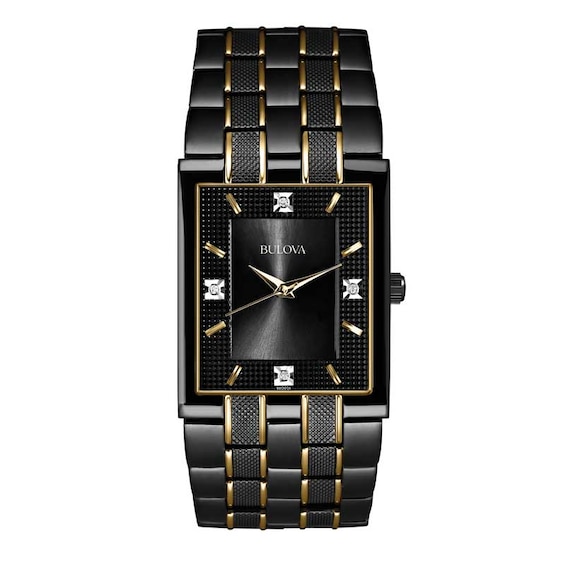 Men's Bulova Diamond Accent Two-Tone Watch with Rectangular Black Dial ...