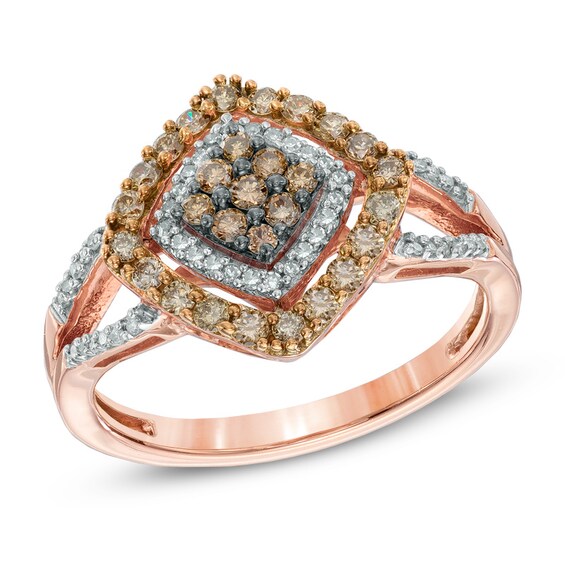 1/2 CT. T.w. Champagne and White Diamond Tilted Square Frame Ring in 10K Rose Gold