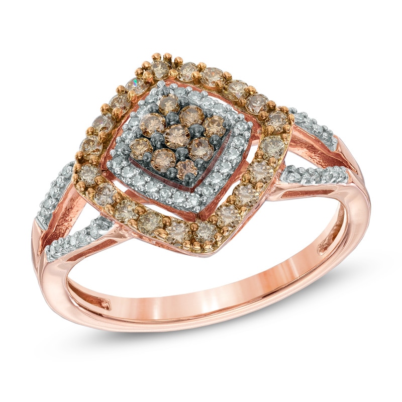 1/2 CT. T.W. Champagne and White Diamond Tilted Square Frame Ring in 10K Rose Gold