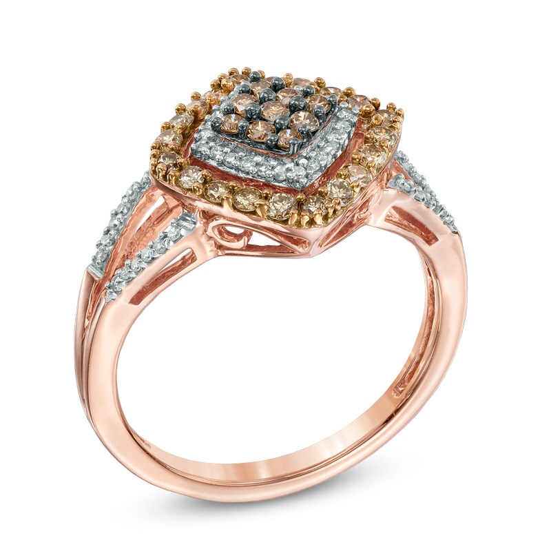1/2 CT. T.W. Champagne and White Diamond Tilted Square Frame Ring in 10K Rose Gold