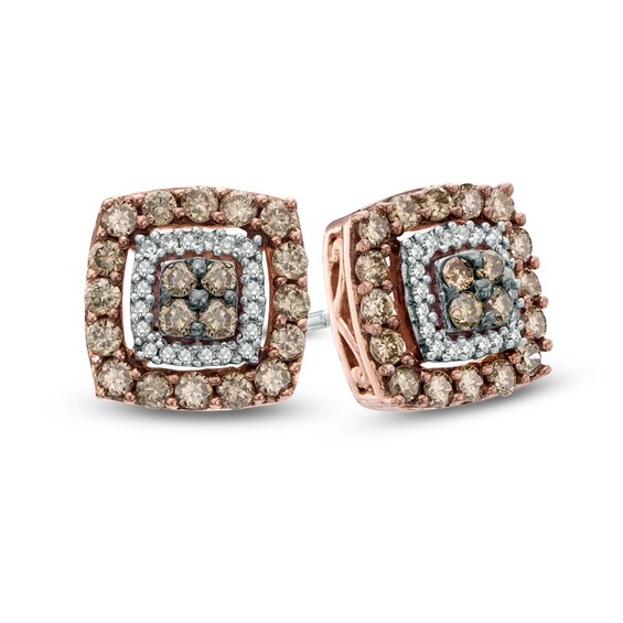 5/8 CT. T.w. Quad Champagne and White Diamond Double Square Frame Stud Earrings in 10K Rose Gold