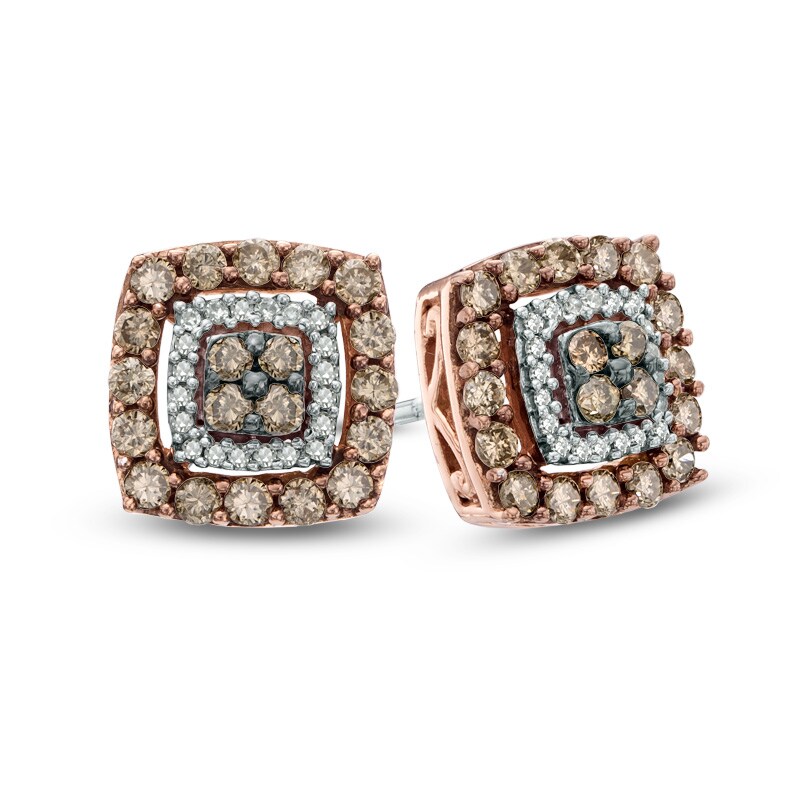 Main Image 1 of 5/8 CT. T.W. Quad Champagne and White Diamond Double Square Frame Stud Earrings in 10K Rose Gold