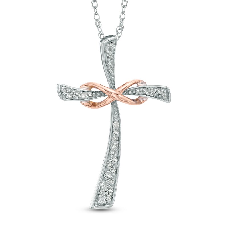 Main Image 1 of 1/10 CT. T.W. Diamond Infinity Cross Pendant in 10K Two-Tone Gold