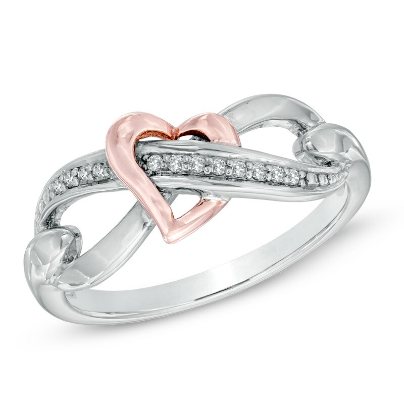 Main Image 1 of Diamond Accent Infinity with Heart Ring in Sterling Silver and 10K Rose Gold