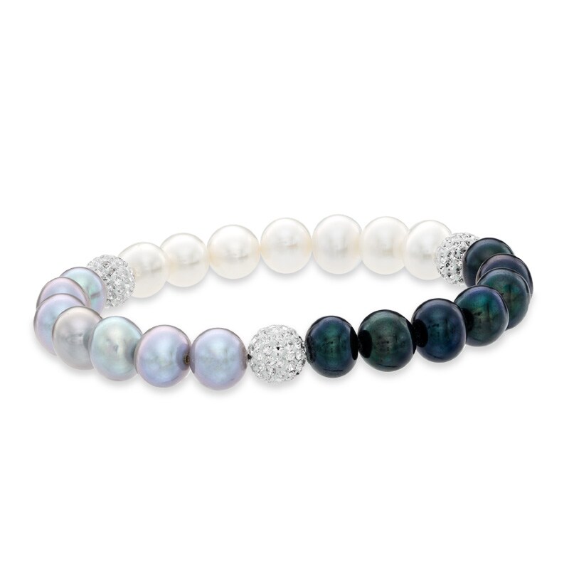 Main Image 1 of 8.0-9.0mm Black, Grey and White Freshwater Cultured Pearl and Crystal Strand Bracelet-7.25"