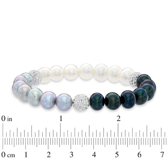8.0-9.0mm Black, Grey and White Freshwater Cultured Pearl and Crystal Strand Bracelet-7.25"