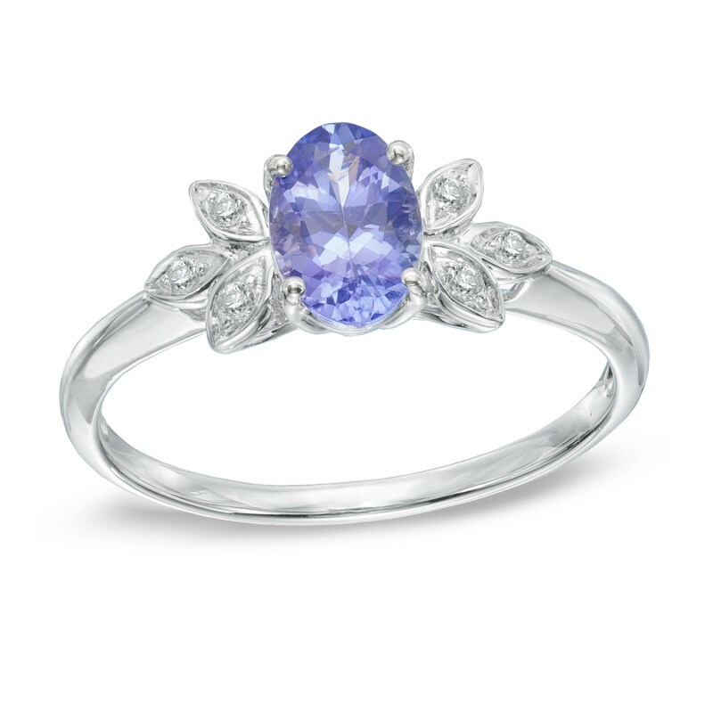 Main Image 1 of Oval Tanzanite and Diamond Accent Flower Ring in 10K White Gold