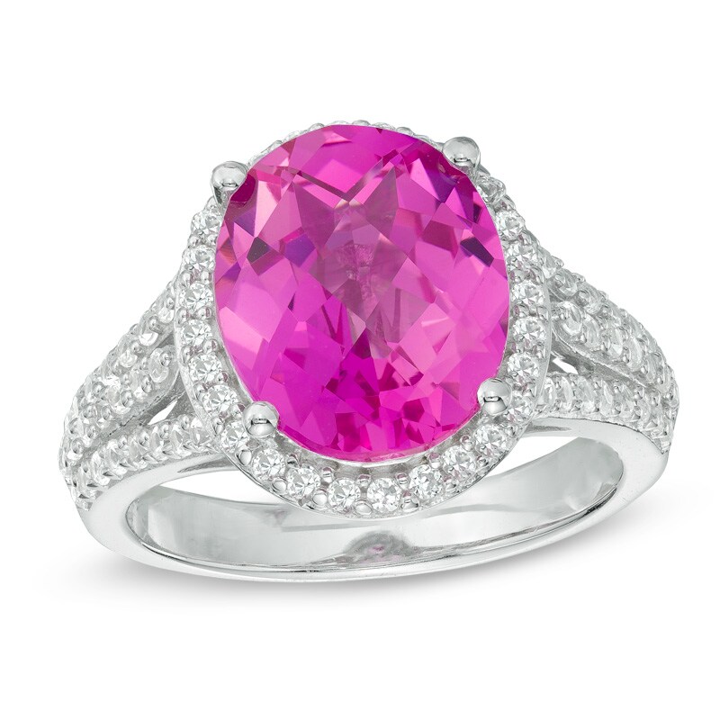 Main Image 1 of Oval Lab-Created Pink and White Sapphire Frame Ring in Sterling Silver