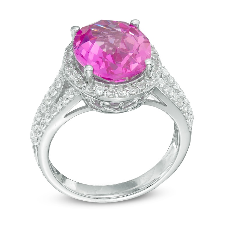 Main Image 2 of Oval Lab-Created Pink and White Sapphire Frame Ring in Sterling Silver