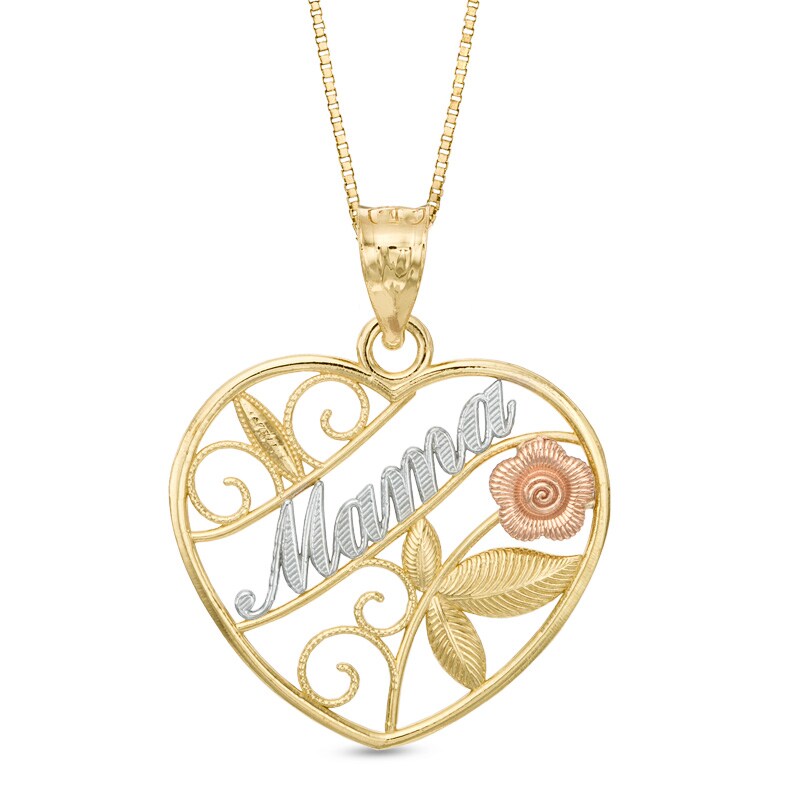 "MAMA" Rose Heart Pendant in 10K Tri-Tone Gold