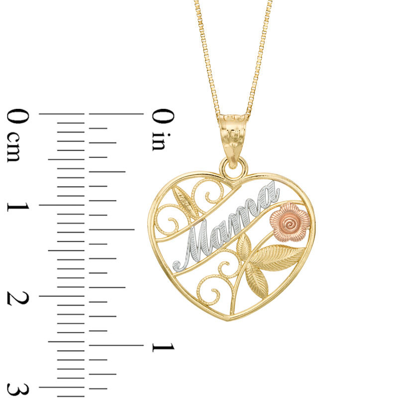 Main Image 2 of "MAMA" Rose Heart Pendant in 10K Tri-Tone Gold