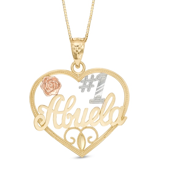 "#1 Abuela" Rose Heart Pendant in 10K Tri-Tone Gold
