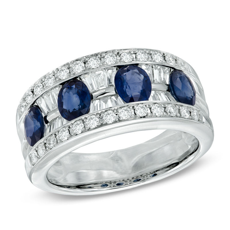 Oval Blue Sapphire and 3/4 CT. T.W. Diamond Band in 14K