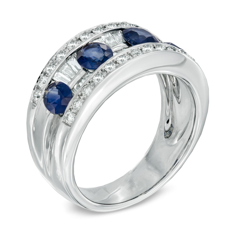 Oval Blue Sapphire and 3/4 CT. T.W. Diamond Band in 14K White Gold