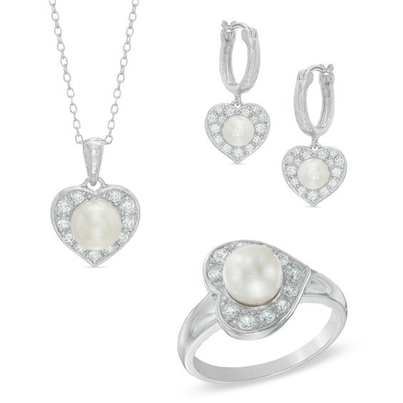 5.5-7.5mm Freshwater Cultured Pearl and Lab-Created White Sapphire Pendant, Ring and Earrings Set in Sterling Silver